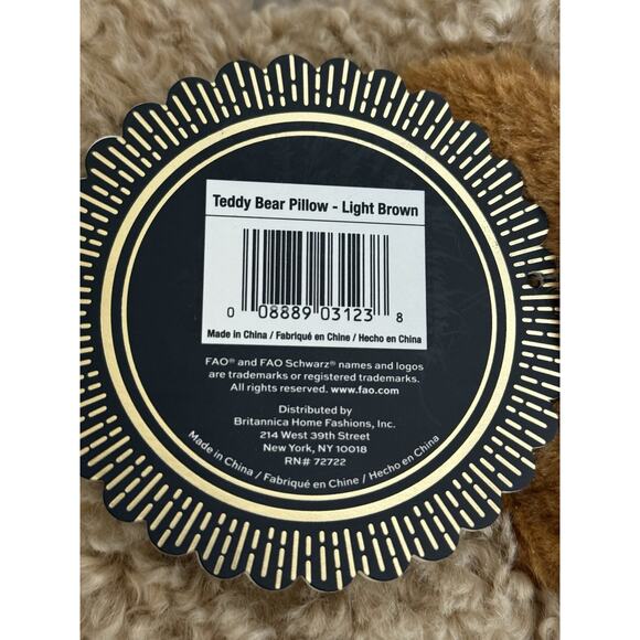 FAO SCHWARZ Brown Curly Hair Teddy Bear Face Pillow NEW‎ With Tags 20" x 20" - Picture 7 of 10